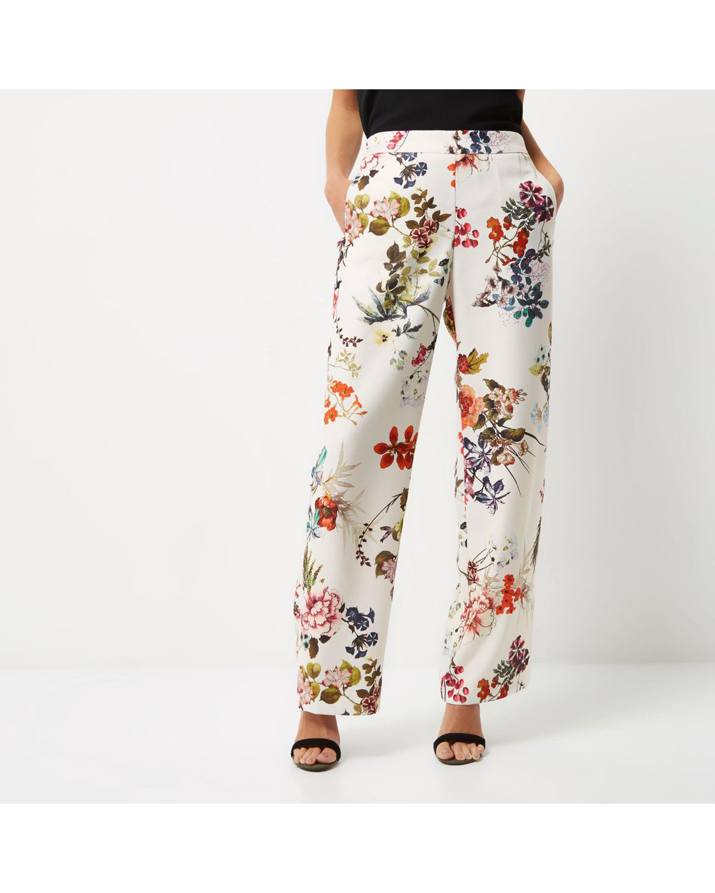 White Floral Print Wide Leg Trousers | Lyst