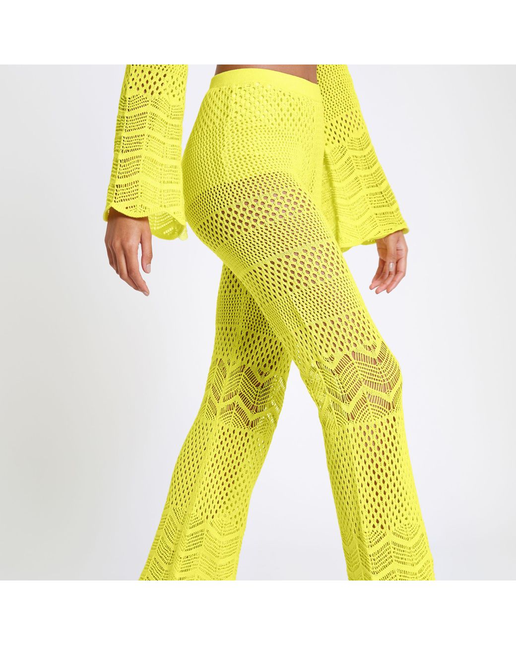 River Island Yellow Crochet Knit Flared Trousers Lyst