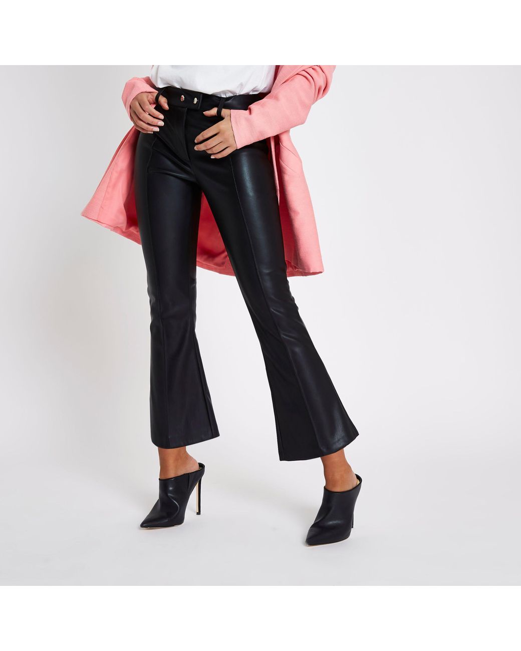 River Island Black Faux Leather Kick Flare Trousers | Lyst