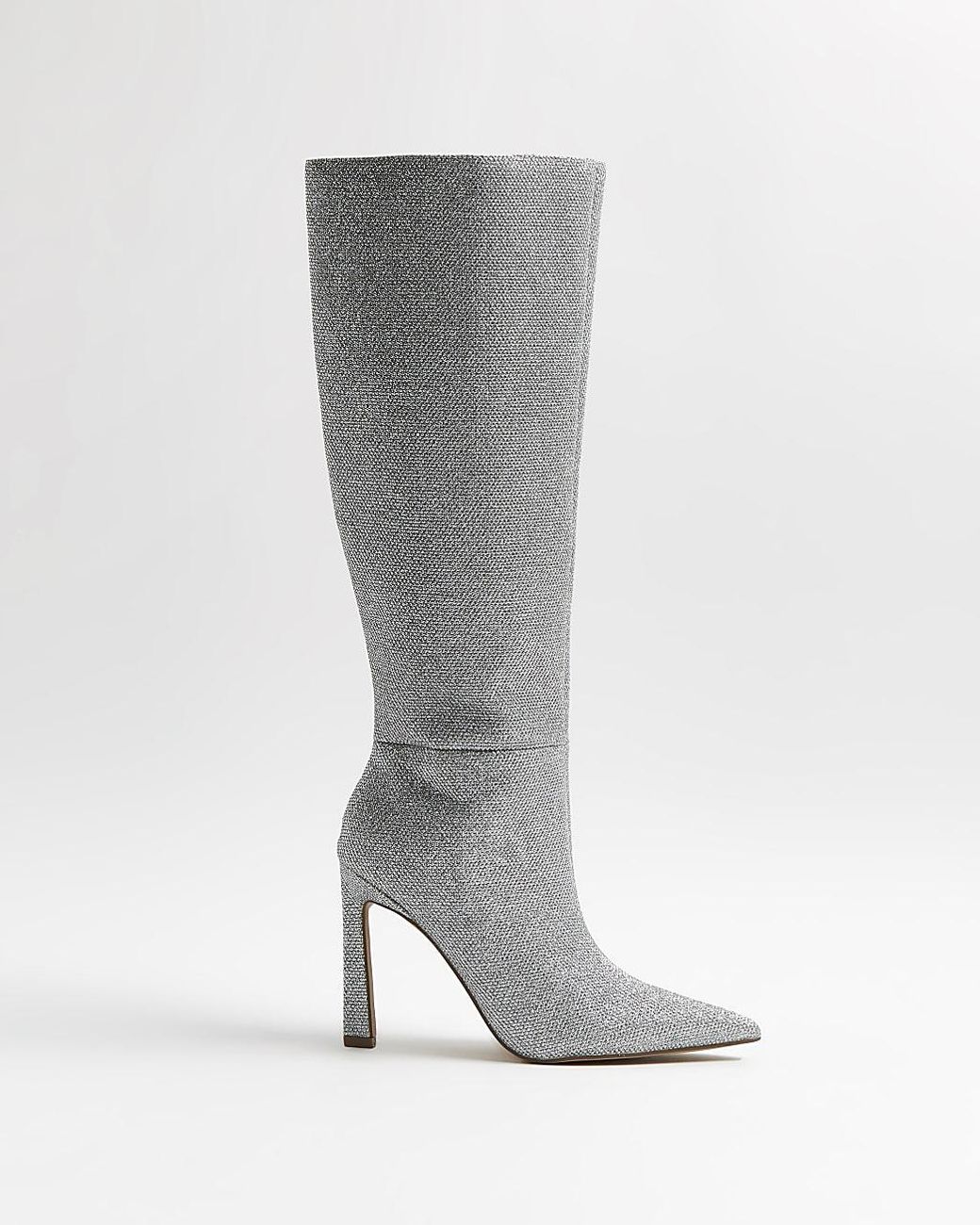 River Island Silver Glitter Knee High Heeled Boots in Grey (Gray) | Lyst