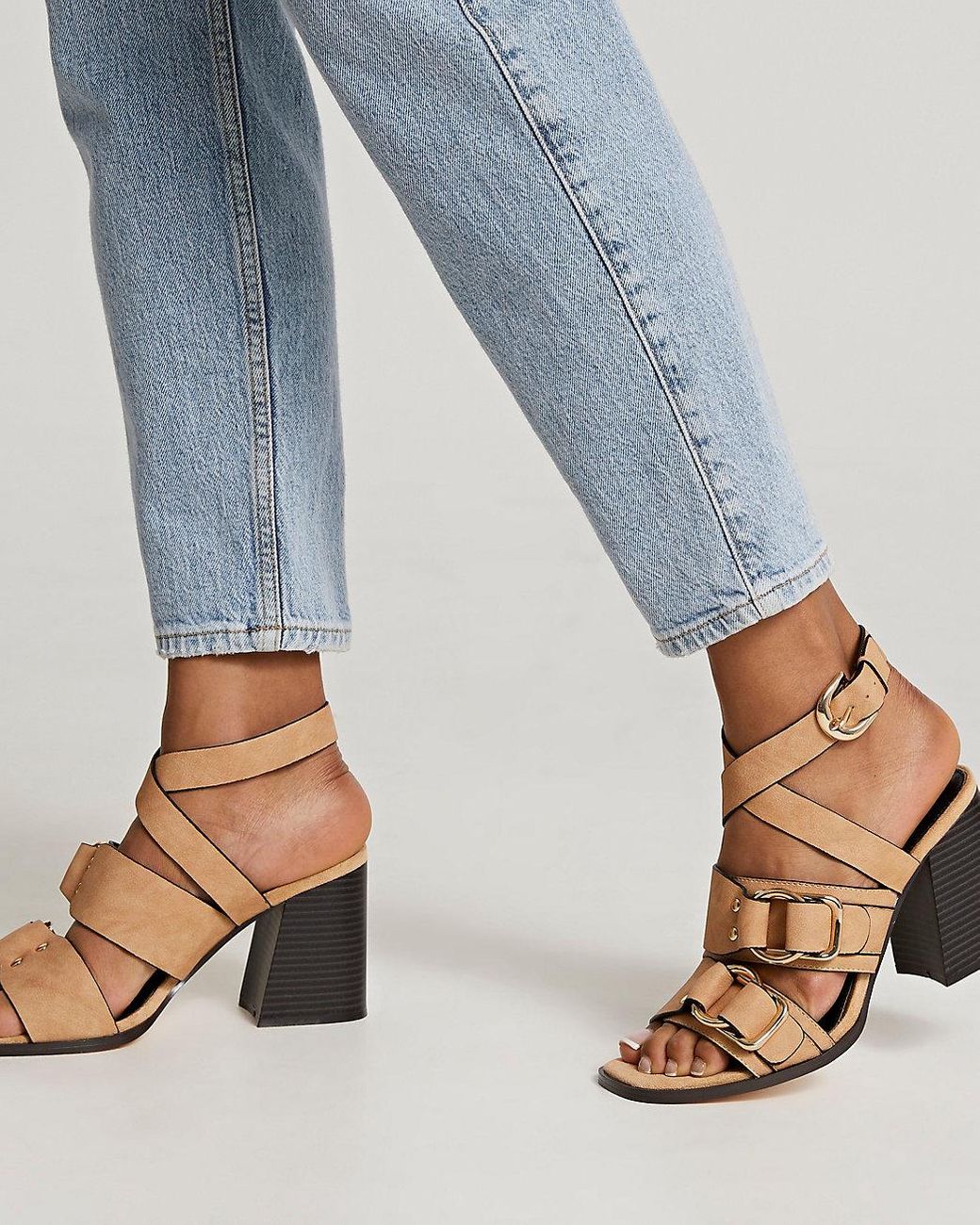 Beige Buckle Block Heels 