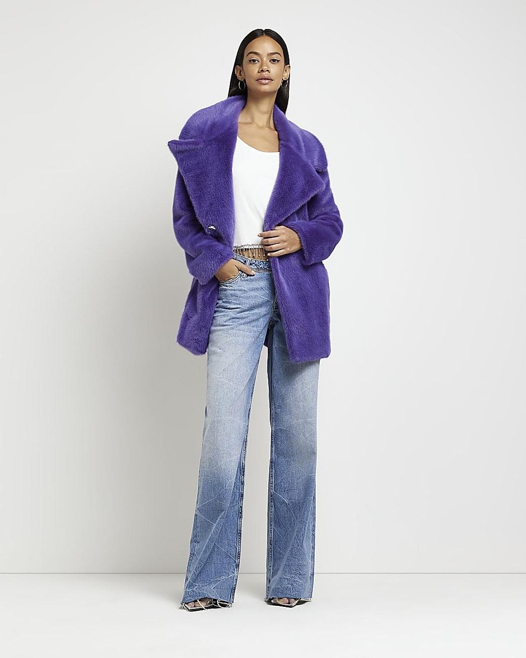 River Island Purple Oversized Faux Fur Belted Coat in Blue | Lyst