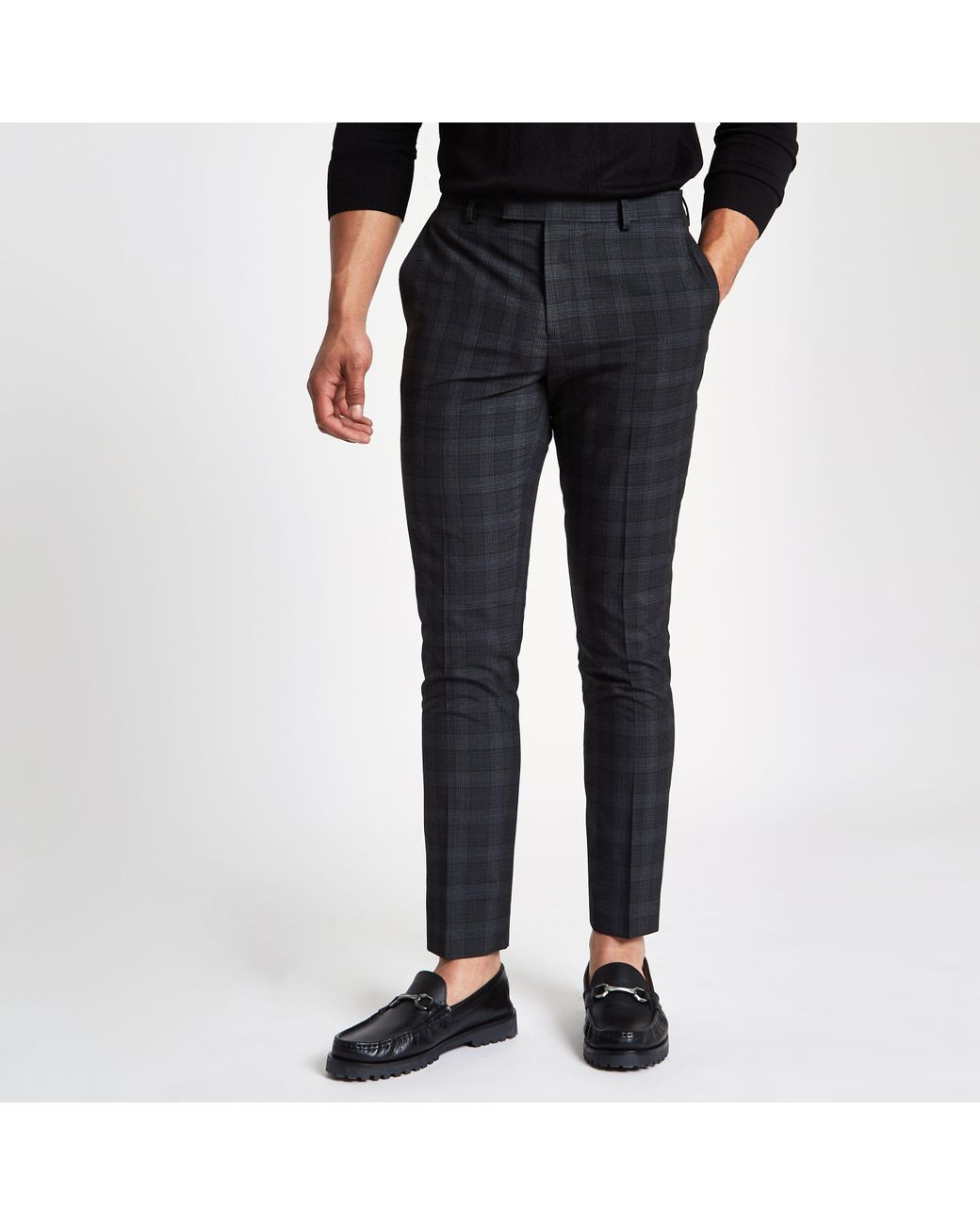 River Island Dark Grey Check Skinny Fit Smart Trousers in Grey for Men |  Lyst Canada