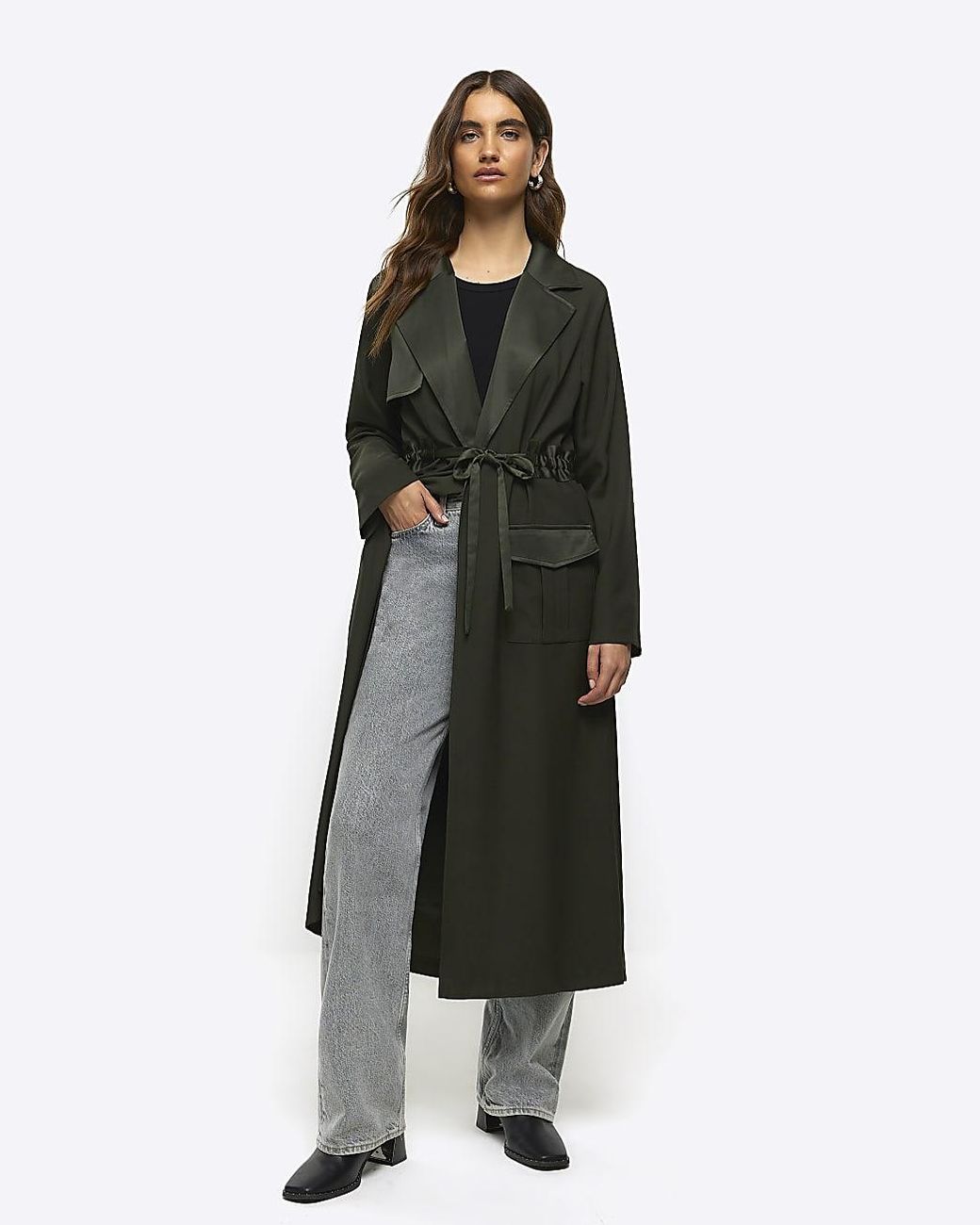 River Island Satin Belted Longline Duster Coat in Green