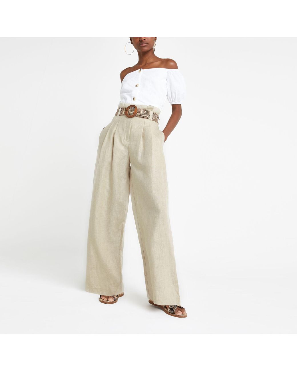 River Island Beige Linen Paperbag Waist Wide Leg Trousers in Natural