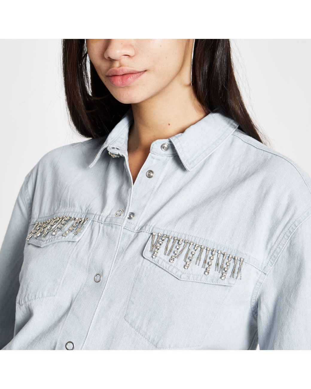 Blue Diamante Embellished Denim Shirt 