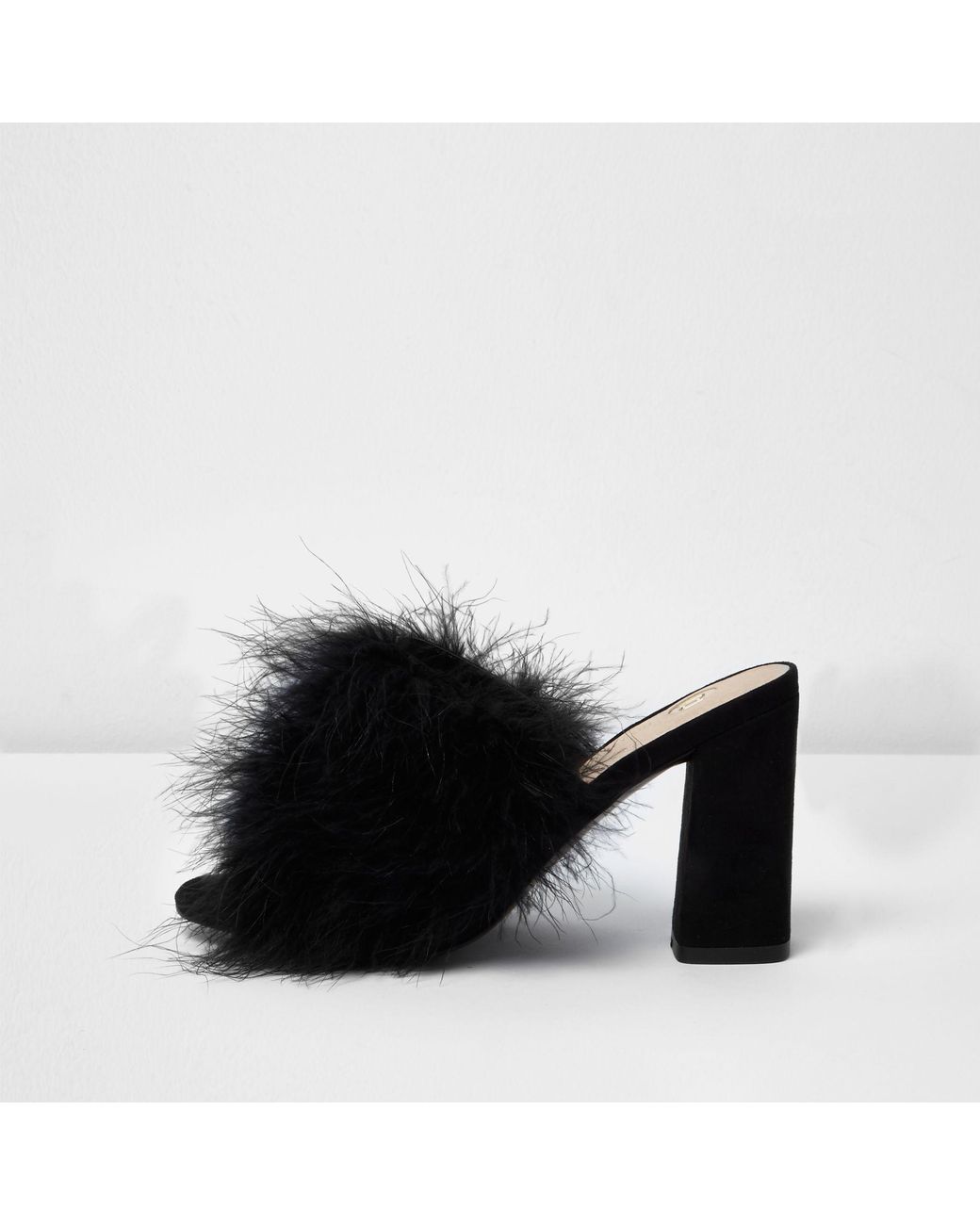 River Island Black Fluffy Feather Block Heel Mules | Lyst UK