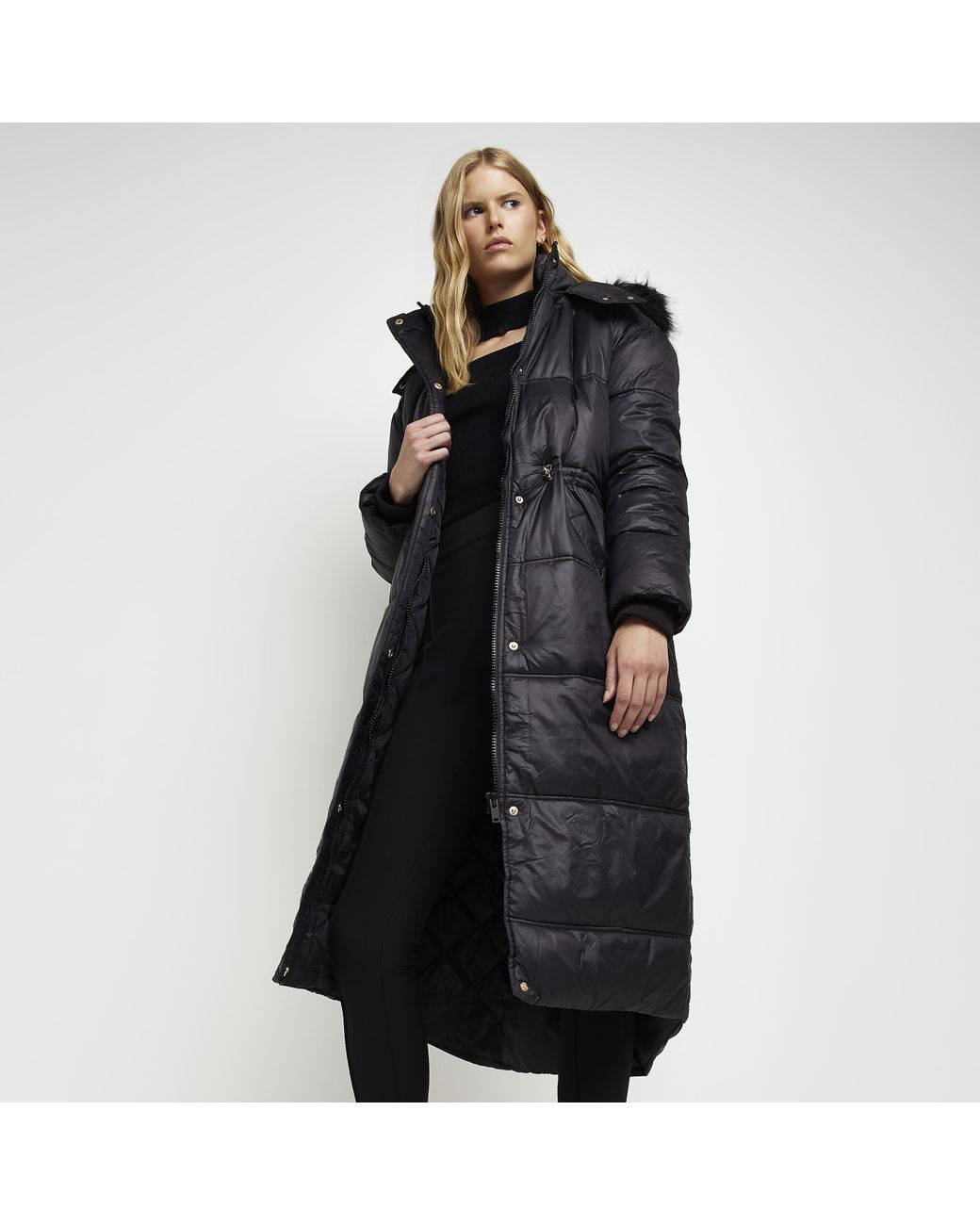 River Island Black Faux Fur Puffer Longline Coat Lyst UK