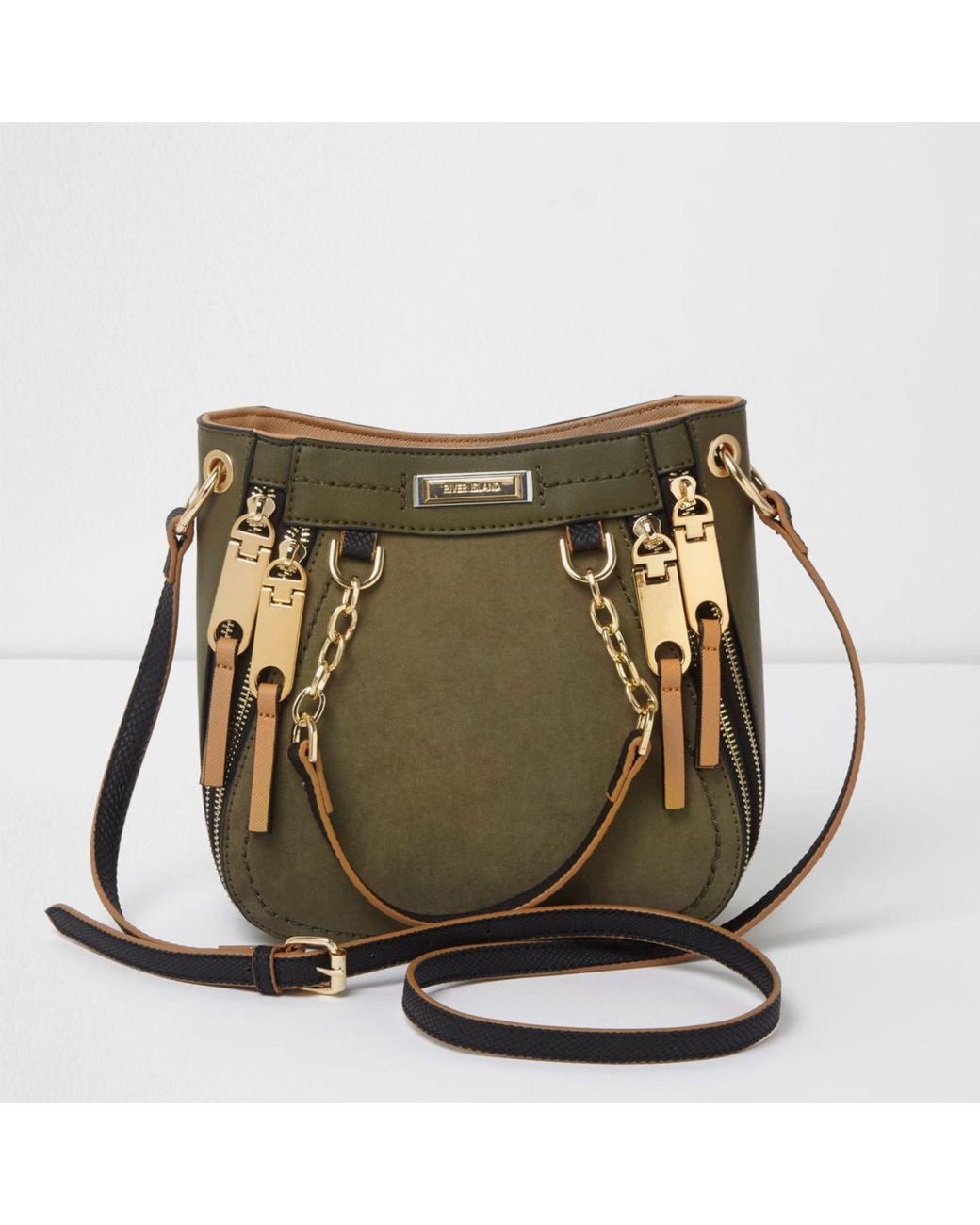 River Island scoop monogram shoulder bag in brown