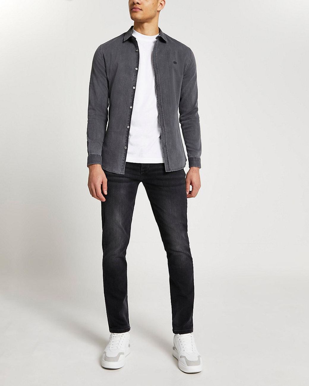 Long Sleeve Denim Shirt in Gray for Men 