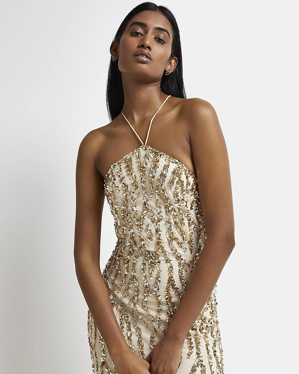 Gold sequin halter outlet neck dress