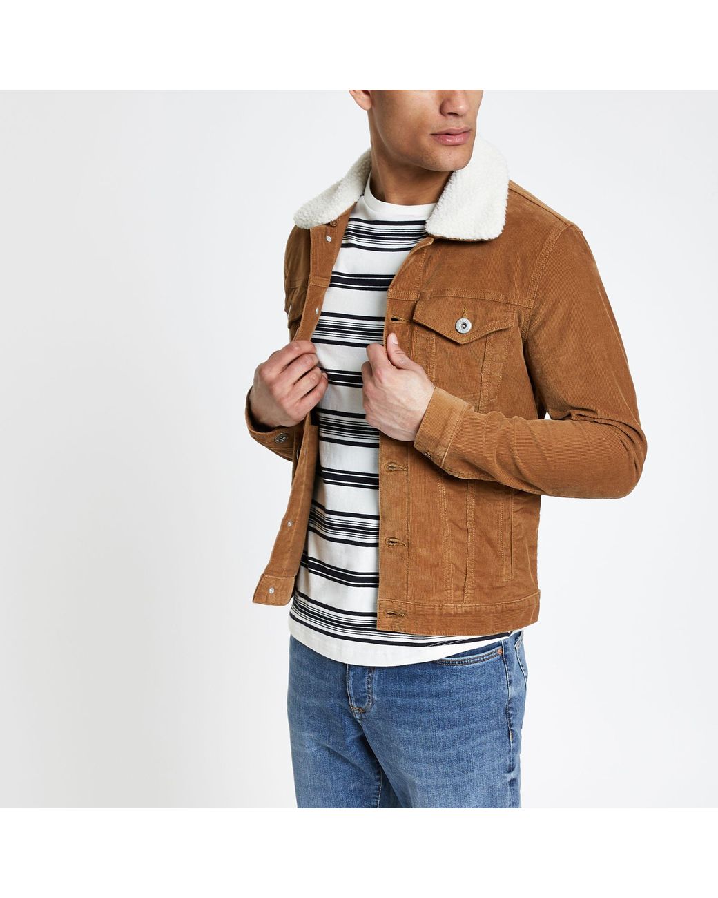 River Island Borg Collar Cord Jacket in Brown for Men | Lyst