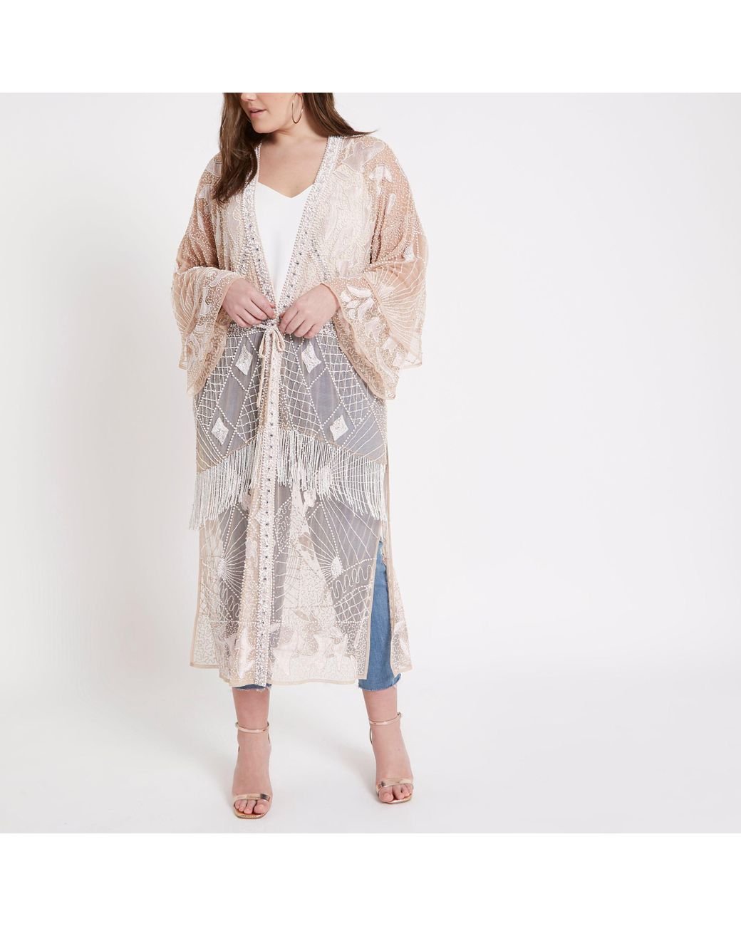 River Island Plus Nude Embellished Maxi Kimono in Natural Lyst
