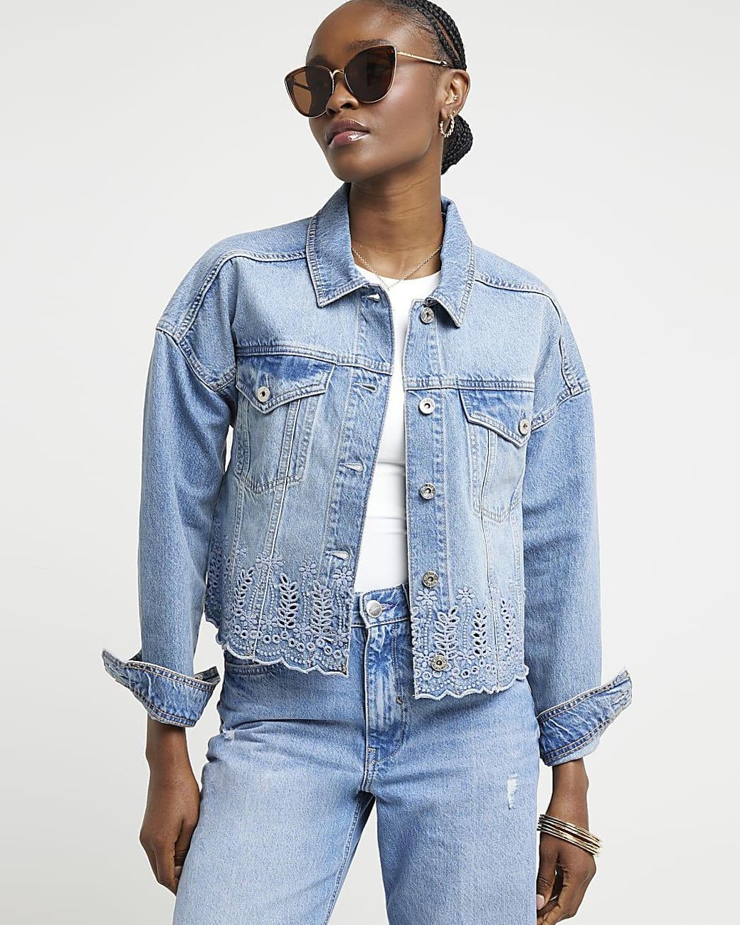 River Island Blue Broderie Denim Jacket Lyst UK