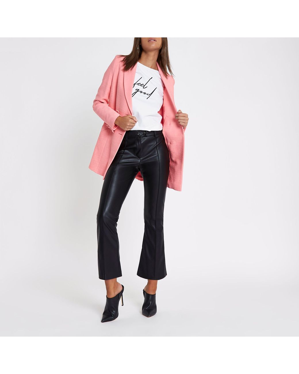 River Island Black Faux Leather Kick Flare Trousers | Lyst