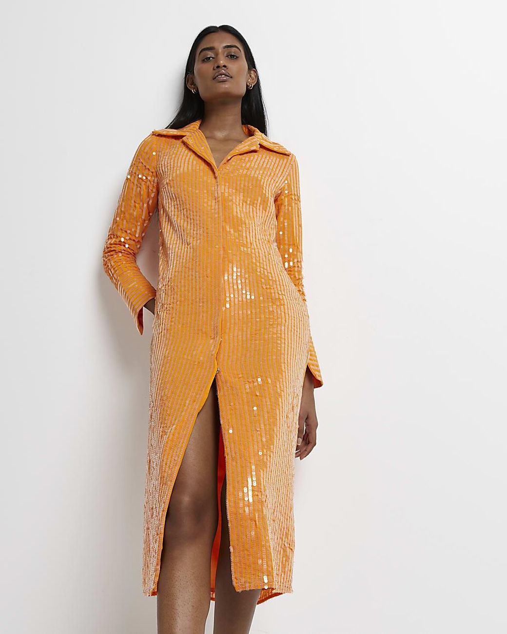 River Island Orange Sequin Midi Shirt 