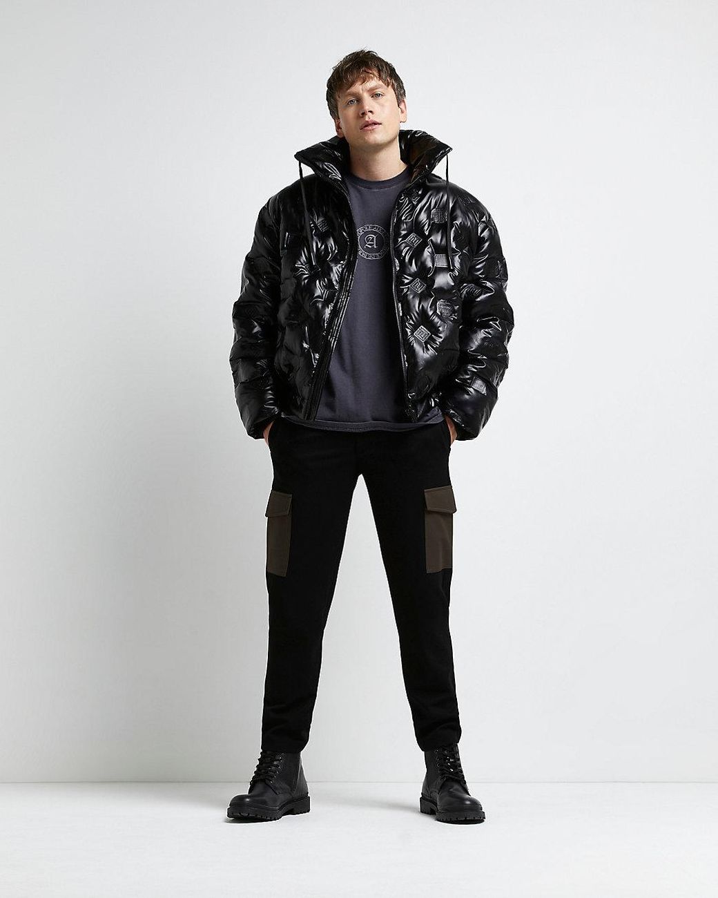 River Island oversized monogram puffer in black