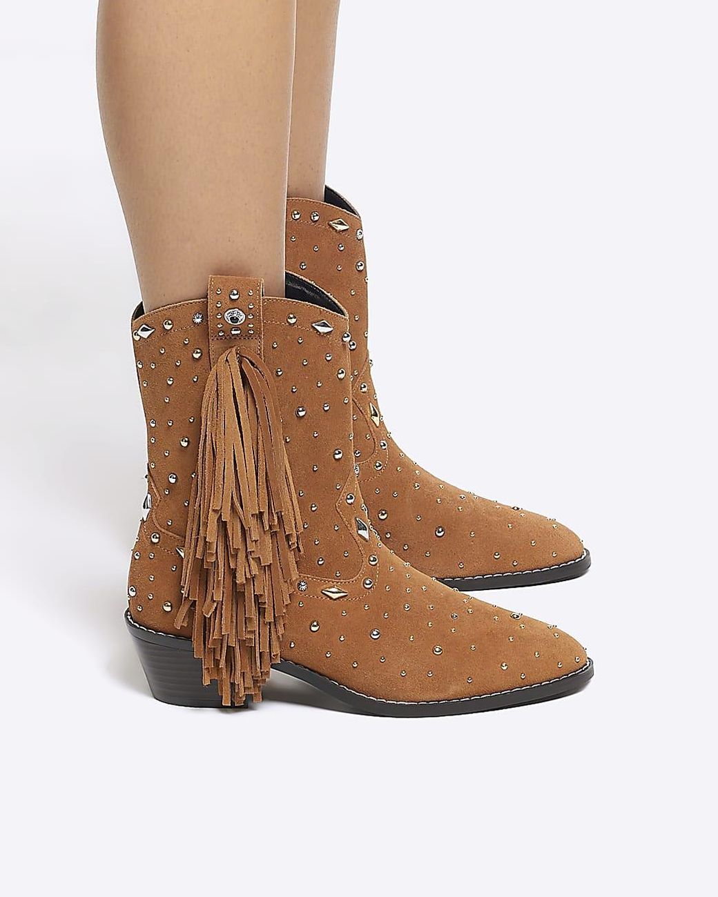 River Island Suede Fringe Embellished Western Boots in Brown Lyst UK