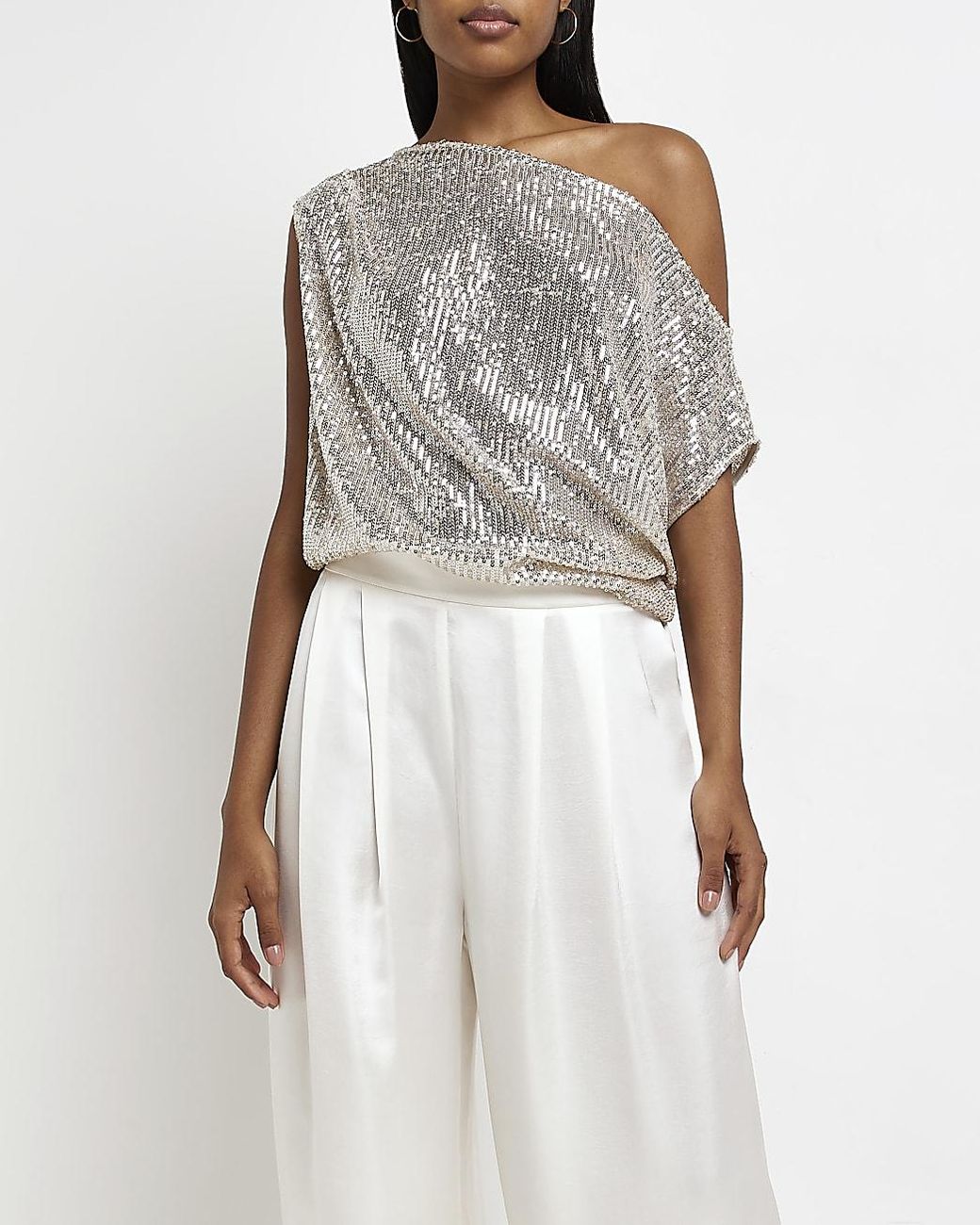 River Island Silver One Shoulder Sequin Top in Gray | Lyst