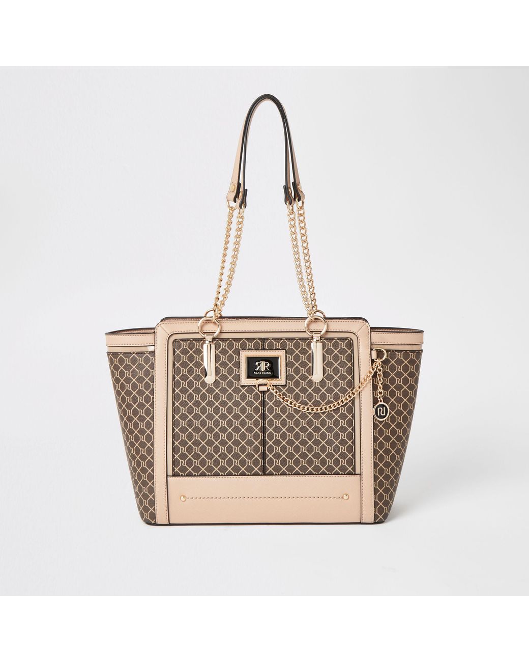 River Island Dark Beige Ri Monogram Winged Tote Bag in Natural | Lyst UK