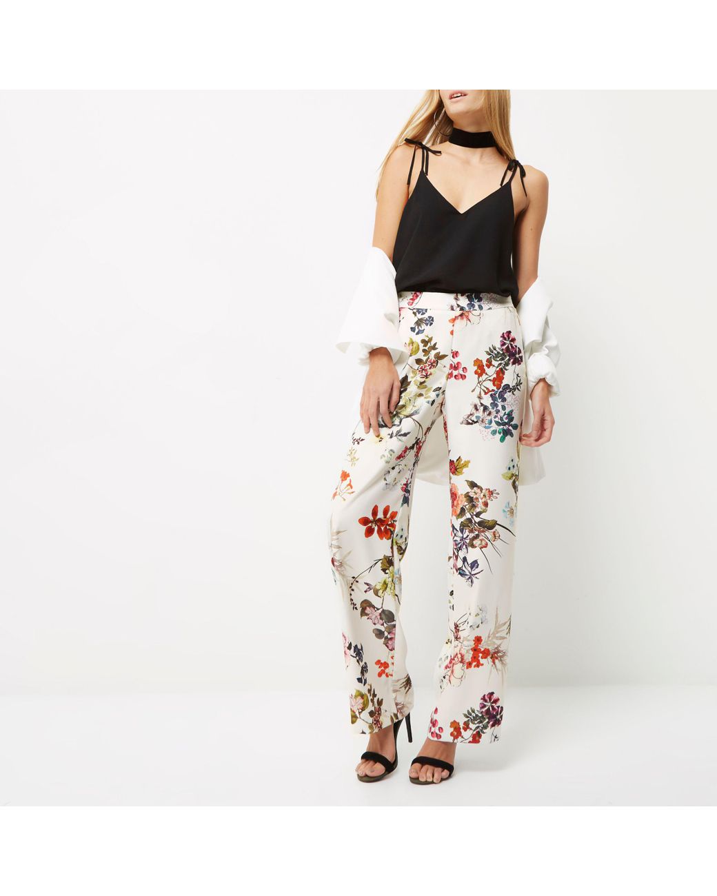 White Floral Print Wide Leg Trousers | Lyst