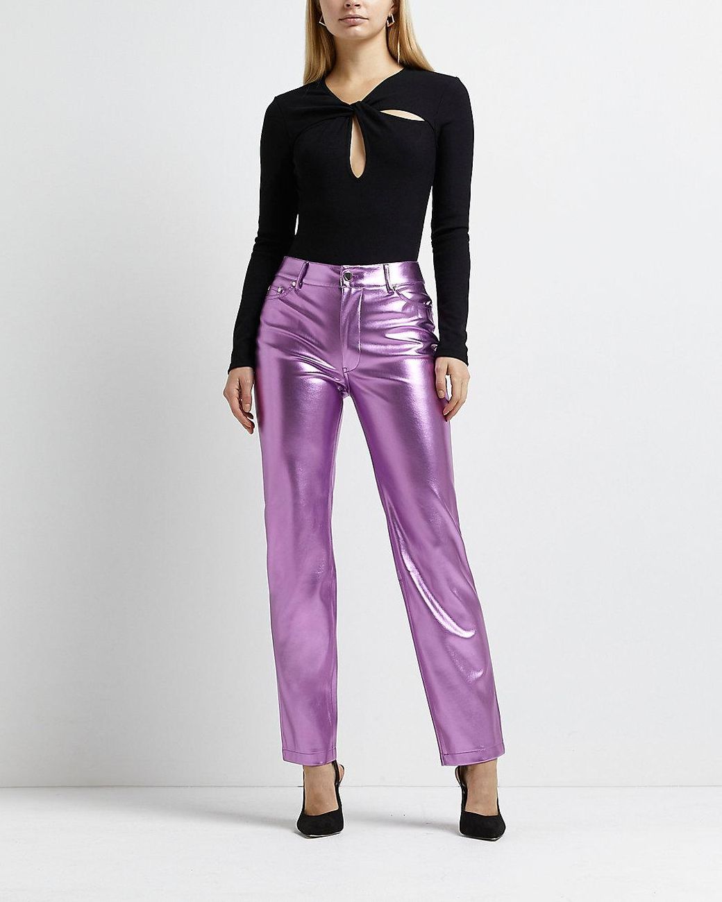 River Island Pink Metallic Straight Leg Pants | Lyst