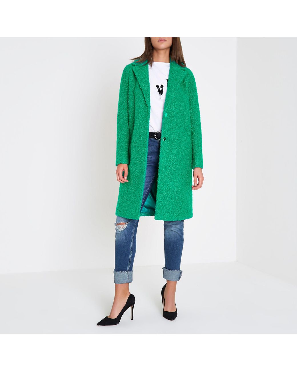River Island Boucle Coat in Green | Lyst