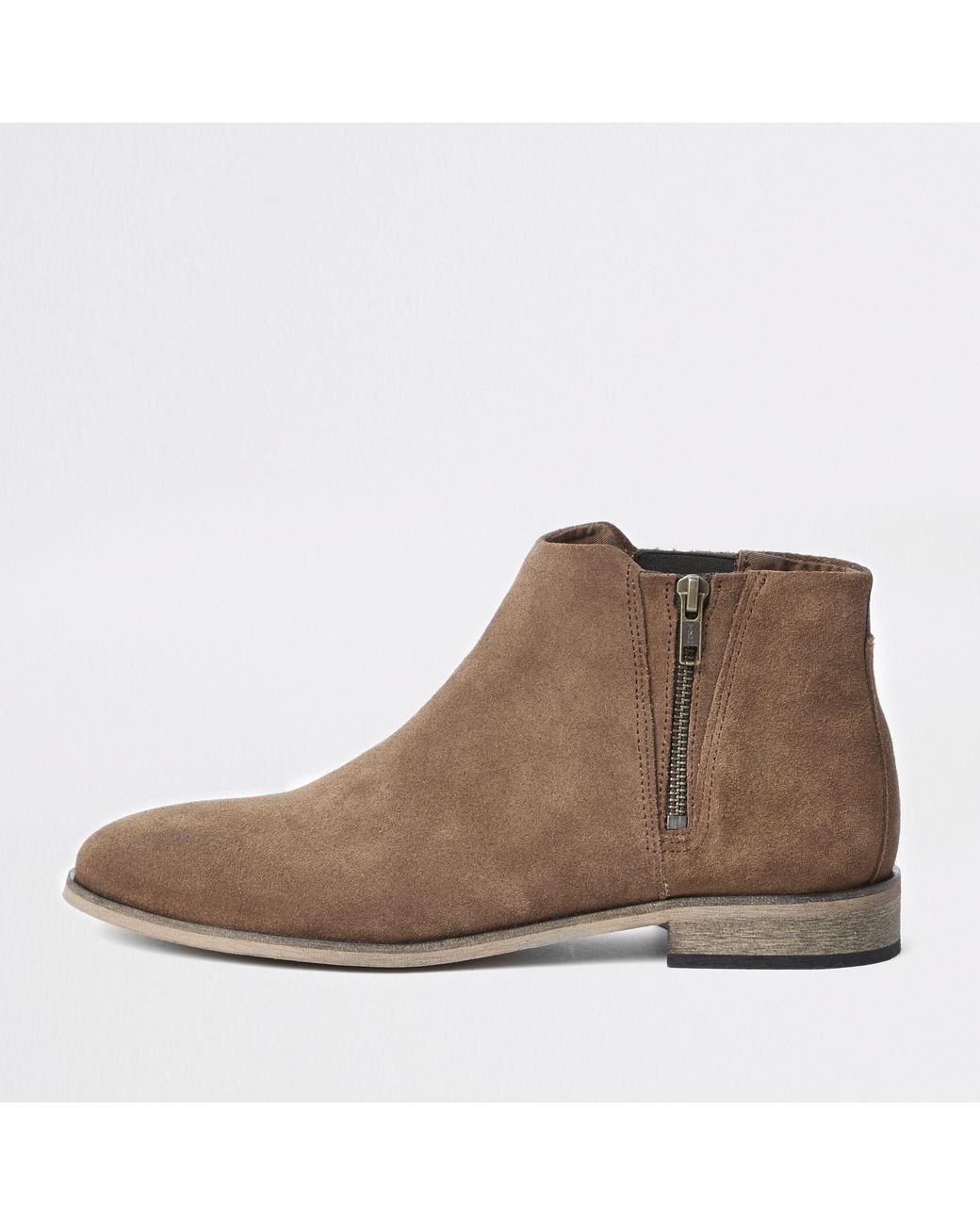 River Island Brown Suede Zip Chelsea Boots for Men | Lyst