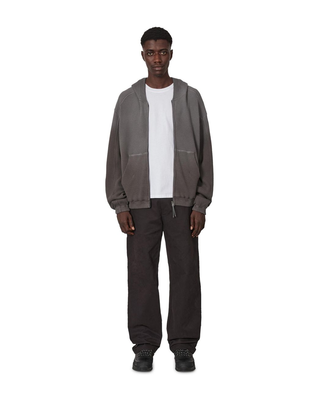 Roa Gray Bee Sun Faded Organic Waffle Zip Up Hoodie Tops for men