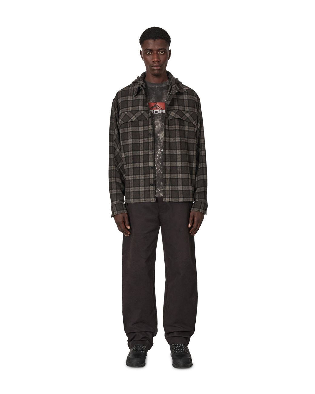 Roa Black Logger Wool Check Long Sleeve Shirt Tops for men