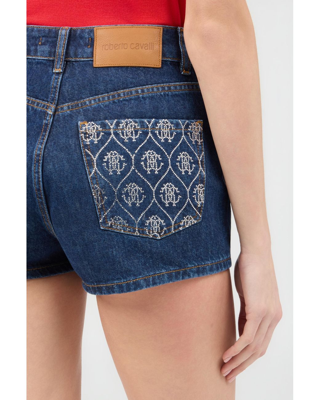 Roberto Cavalli Blue Jeans Shorts With Crystal Monogram Rc