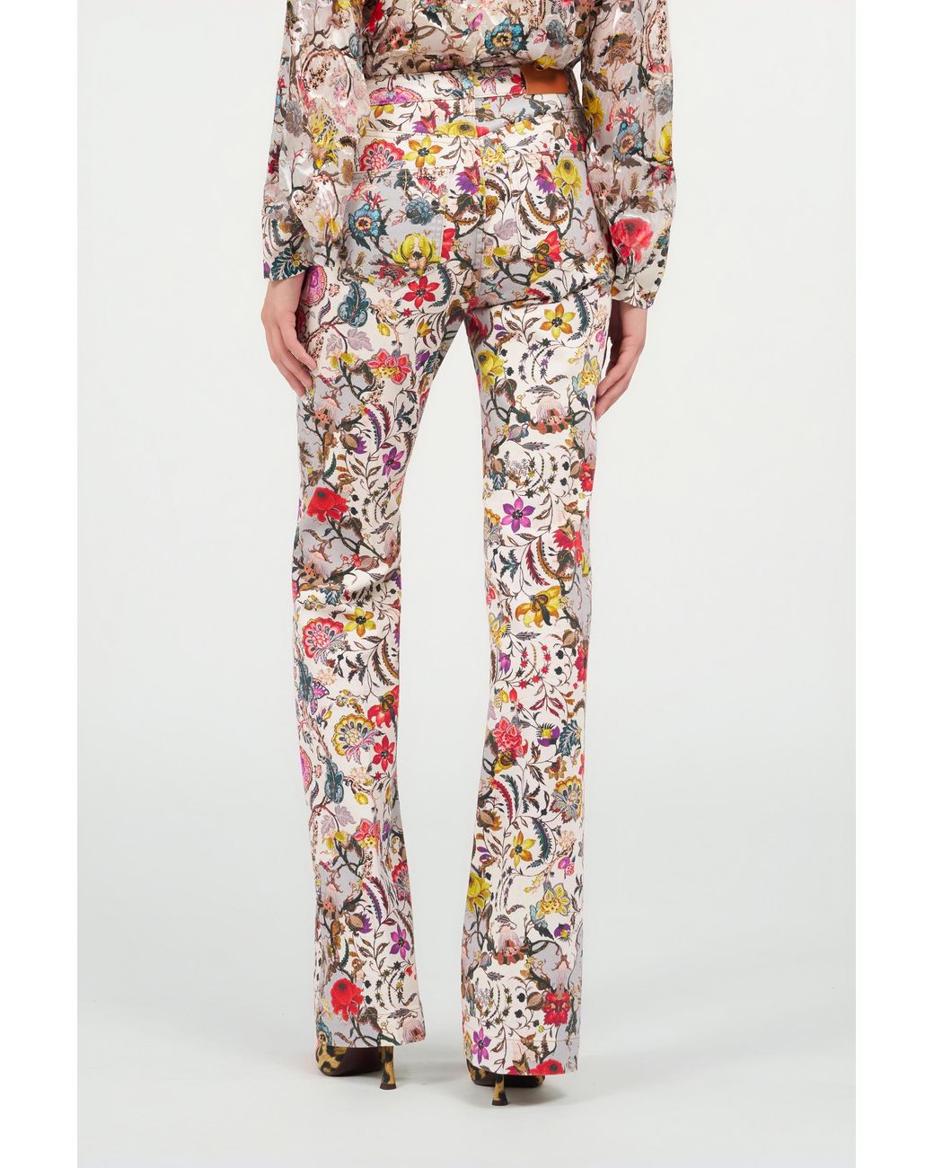 Roberto Cavalli White Flared Pants With Florentine Flowers Print