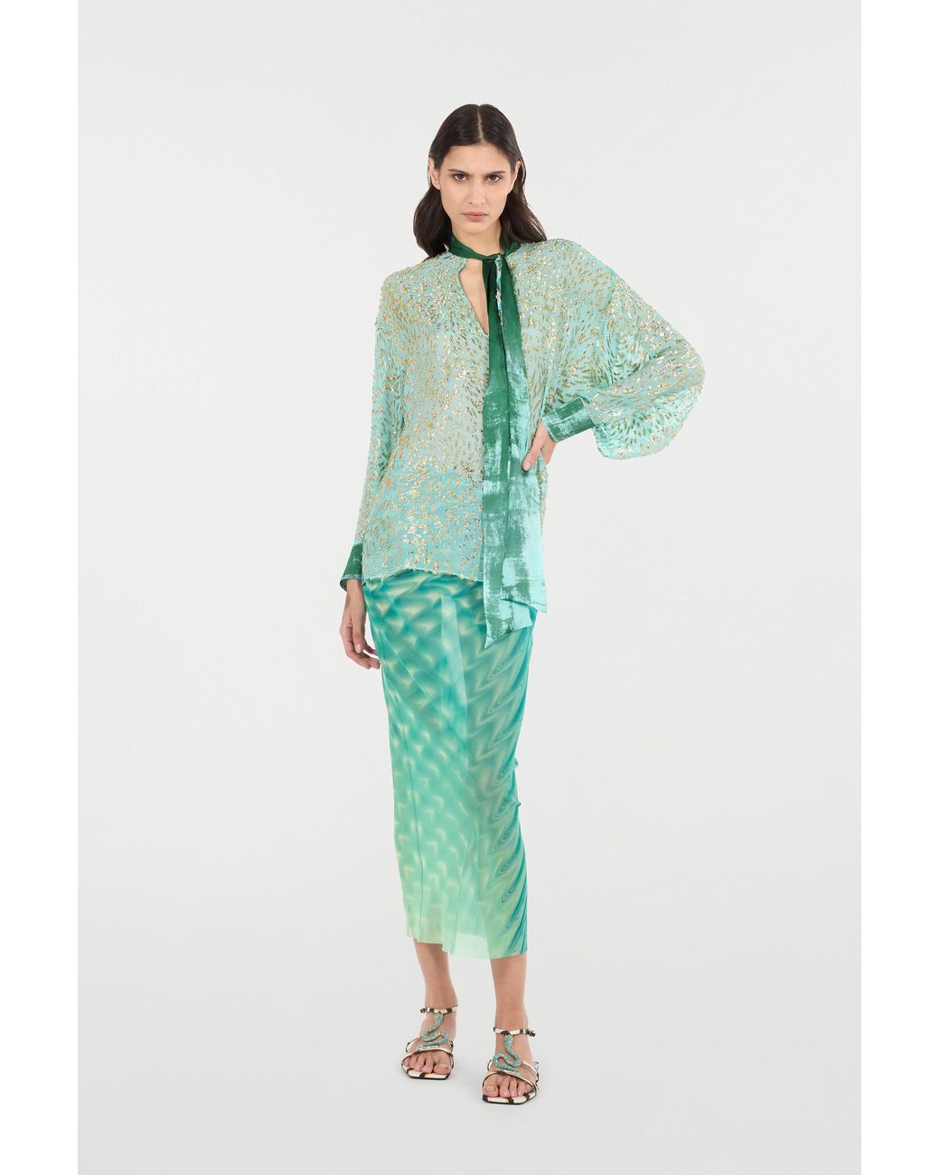 Roberto Cavalli Green Silk-Blend Blouse With Radiant Pattern