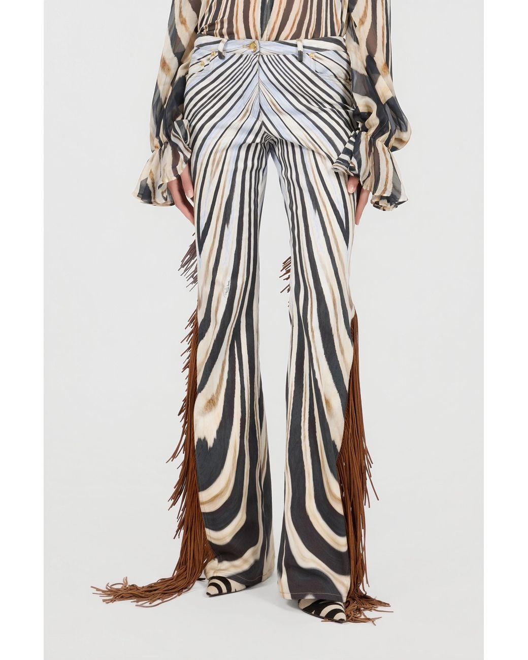 Roberto Cavalli White Zebra Print Flared Jeans