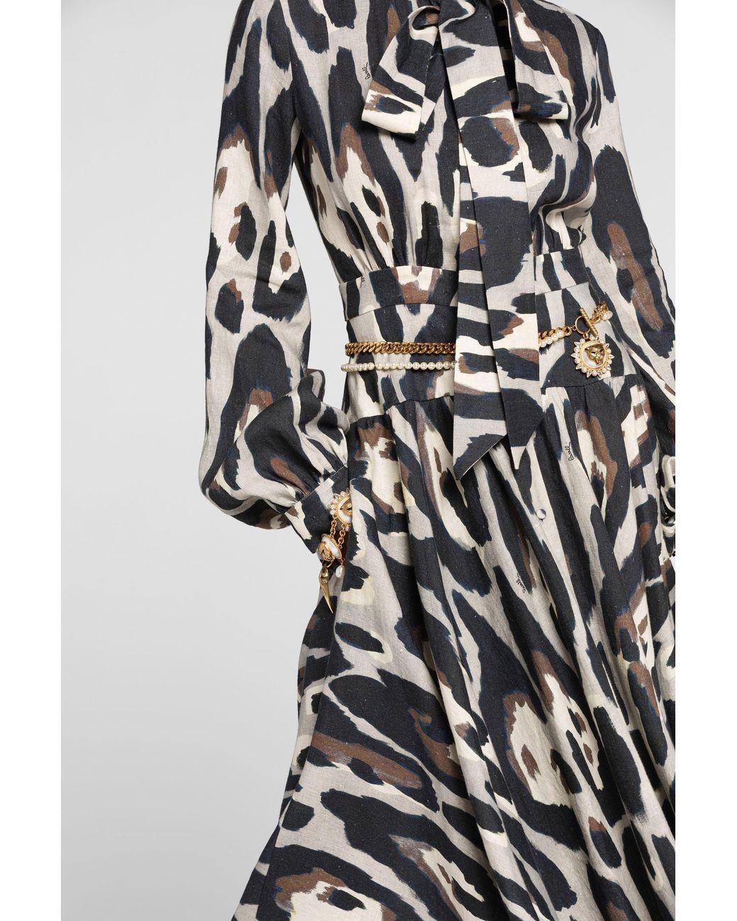 Roberto Cavalli White Animal-Print Linen Midi Dress