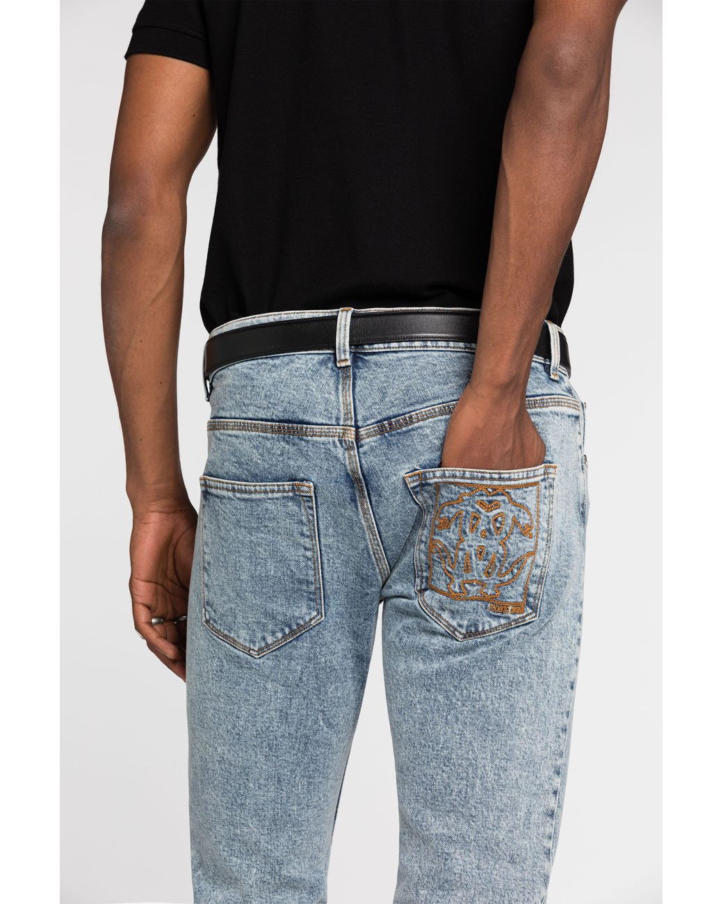 Roberto Cavalli Blue Mirror Snake-Embroidered Slim-Fit Jeans for men