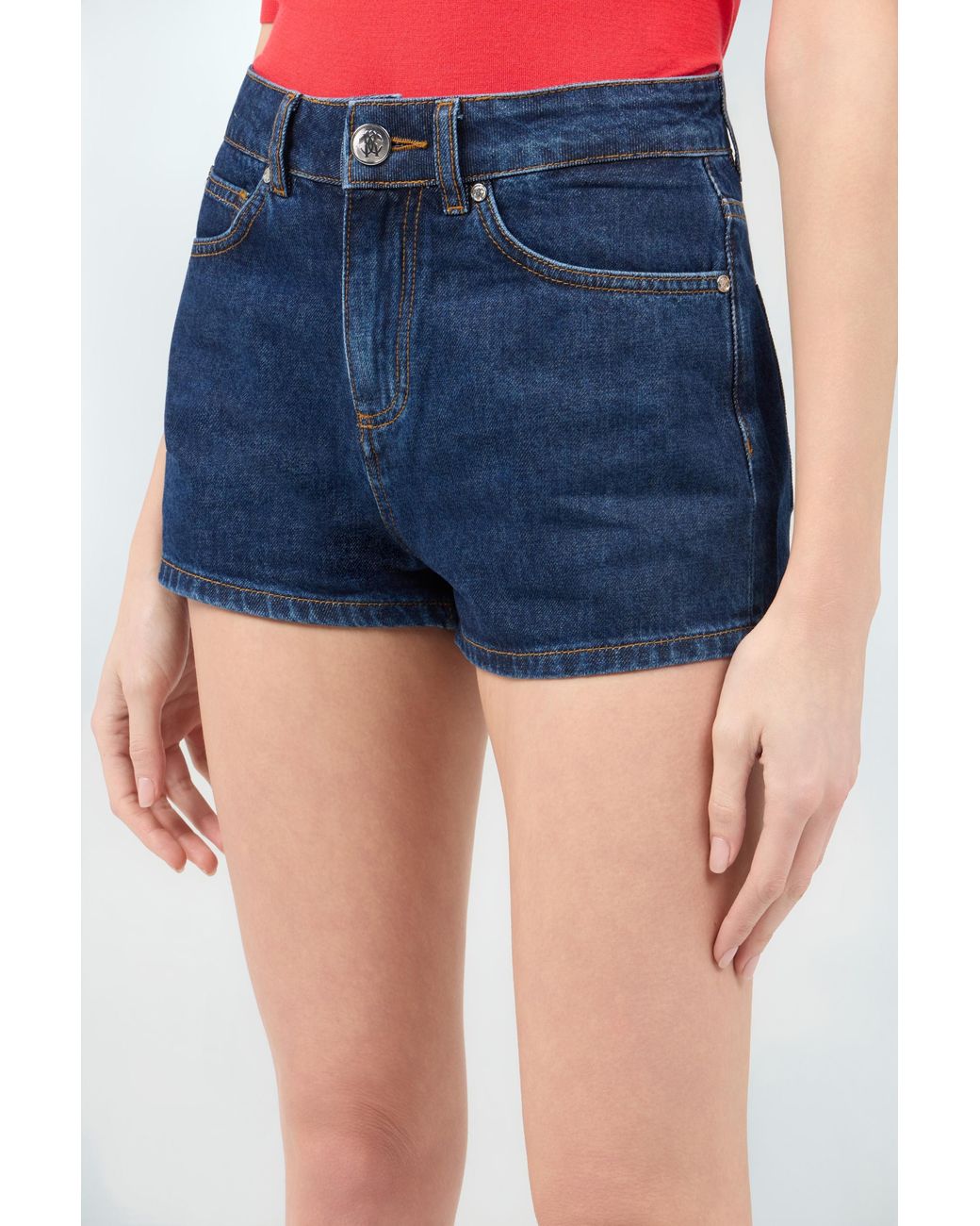 Roberto Cavalli Blue Jeans Shorts With Crystal Monogram Rc