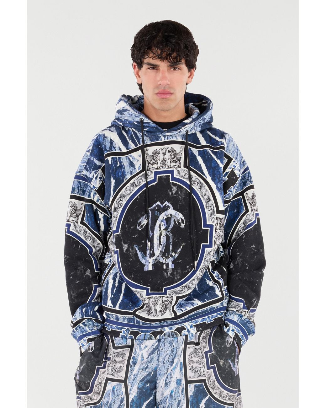 Roberto Cavalli Blue Sweatshirt With Marble Print And Embellishments for men