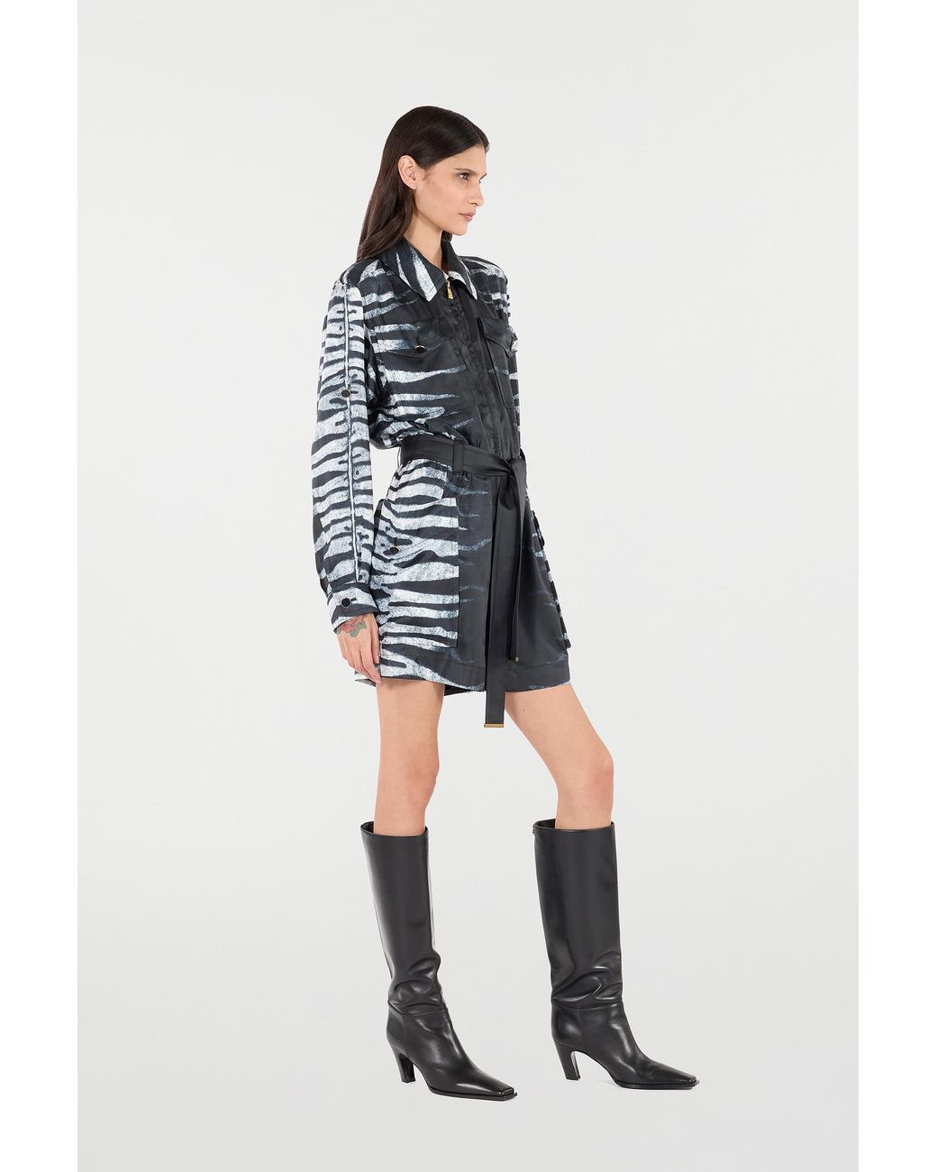 Roberto Cavalli Black Short Silk Dress With Zebra Print