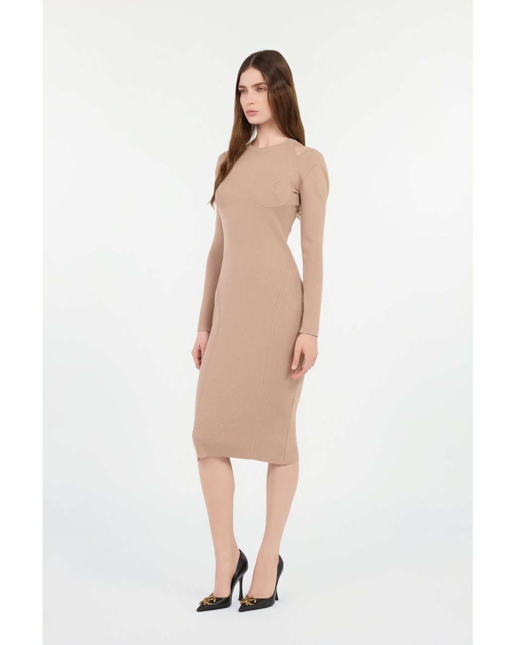 Roberto Cavalli Natural Cut-Out Ribbed Midi Dress