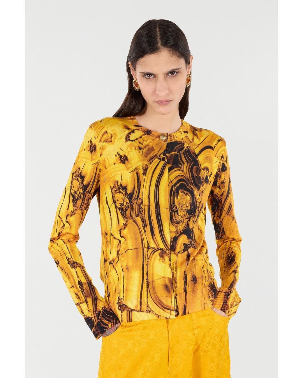 Roberto Cavalli Yellow Cardigan With Amber Print
