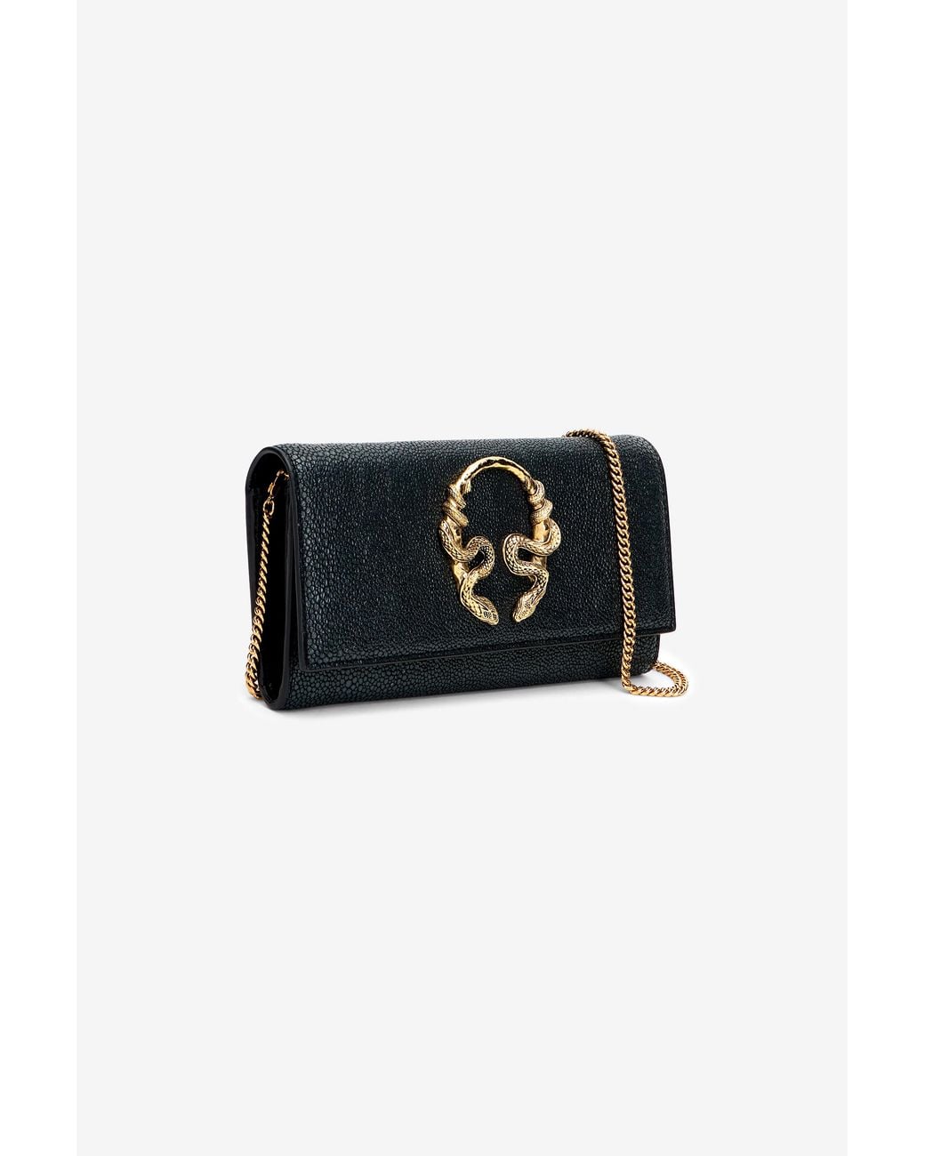Roberto Cavalli Black Serpentine Leather Wallet With Chain