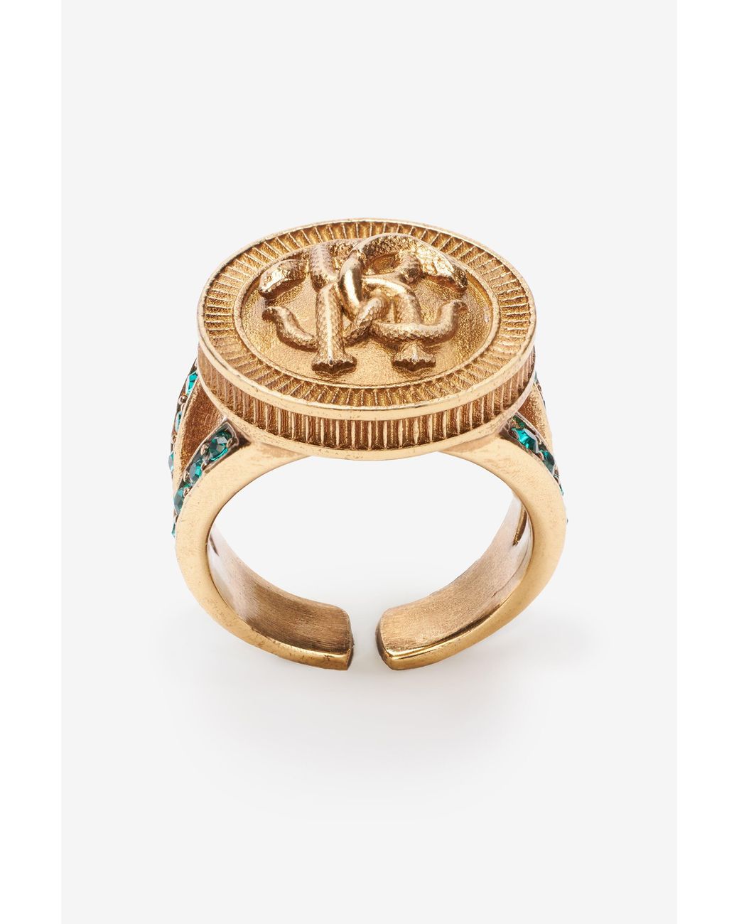 Roberto Cavalli White Ring With Monogram Mirror Snake And Crystals