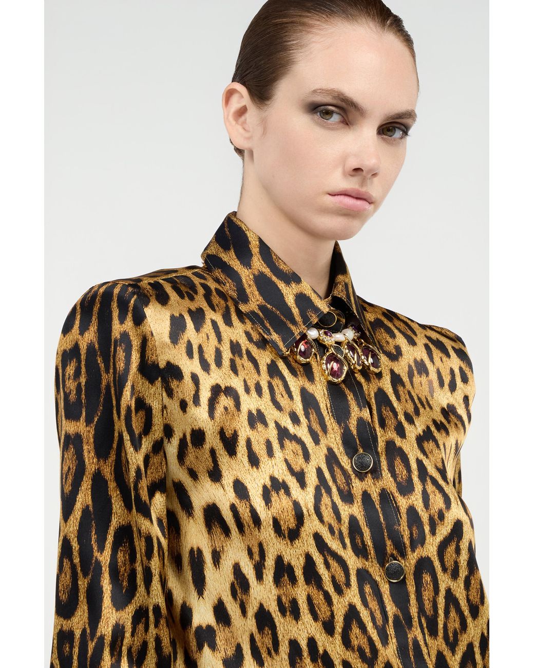 Roberto Cavalli Brown Silk Shirt With Jaguar Skin Print