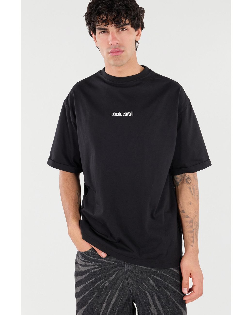 Roberto Cavalli Black Cotton T-Shirt With Tigers And Logo for men