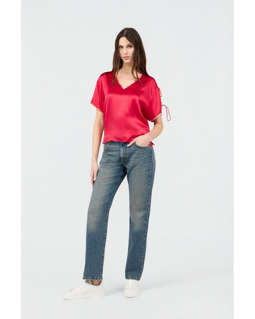 Roberto Cavalli Red Silk Tie-Shoulder Top