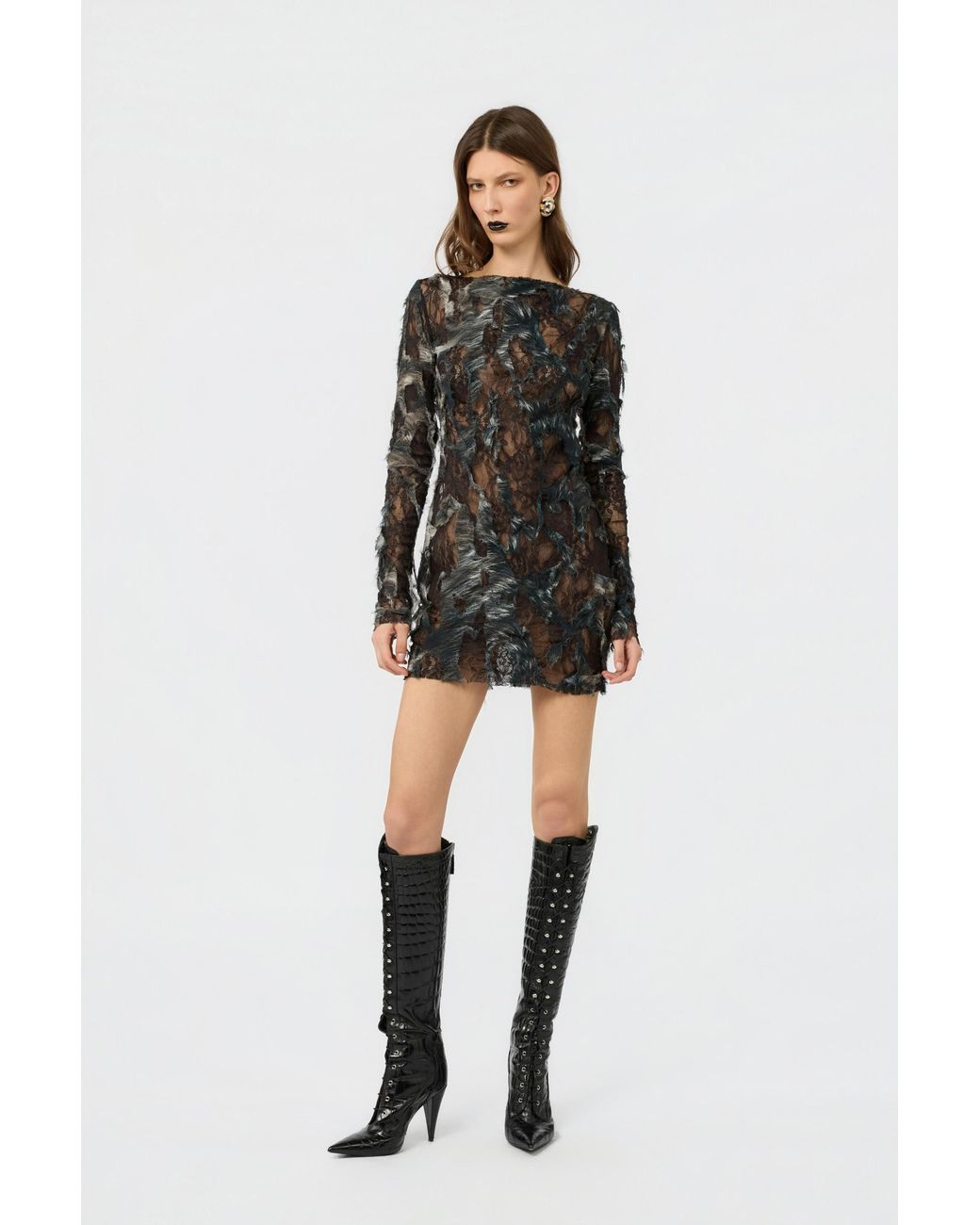 Roberto Cavalli Black Mini Dress With Fur Print On Destroyed-Effect Lace