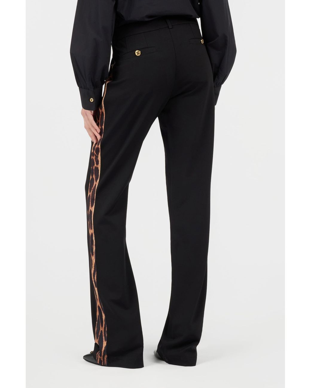 Roberto Cavalli Black Flare Trousers Leopard Side Panels