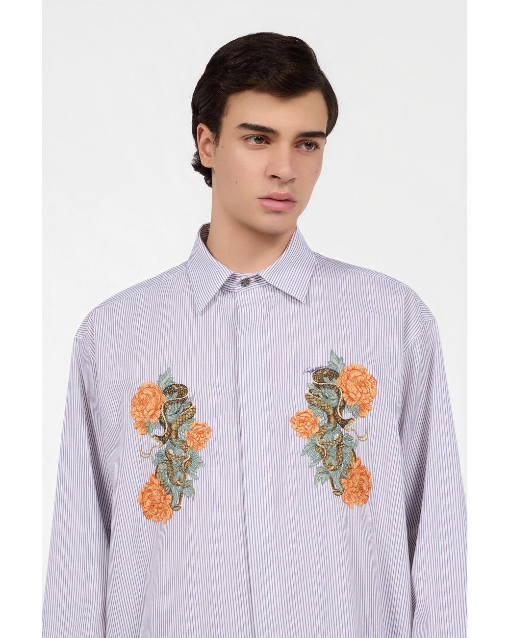Roberto Cavalli White Shirt With Embroidered Snakes And Flowers for men