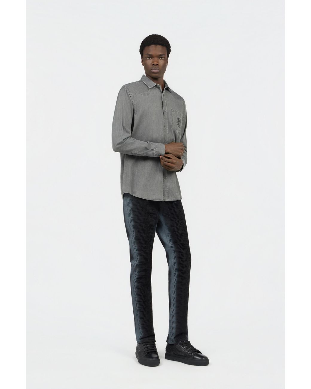 Roberto Cavalli Gray Cotton Shirt With Embroidered Logo for men